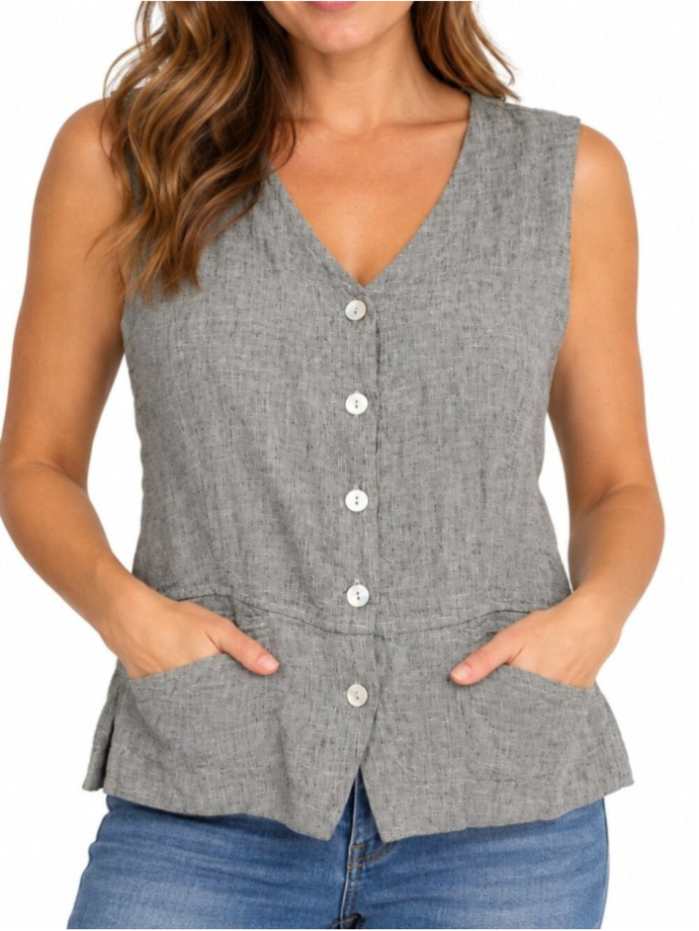 CUT LOOSE NWT Linen & Cotton Button Front Vest Sleeveless Top Grey Med Tie Back
